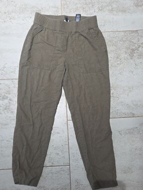 Olive Linen Elastic-Waist Women's Pants